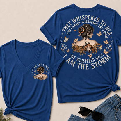 Women’s I Am The Storm V‑Neck Graphic T‑Shirt, Inspirational Butterfly Quote Short Sleeve Tee, Front & Back Print Casual Top