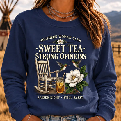 Southern Woman Club Sweet Tea Strong Opinions Vintage Magnolia Graphic For Southern Sweatshirts