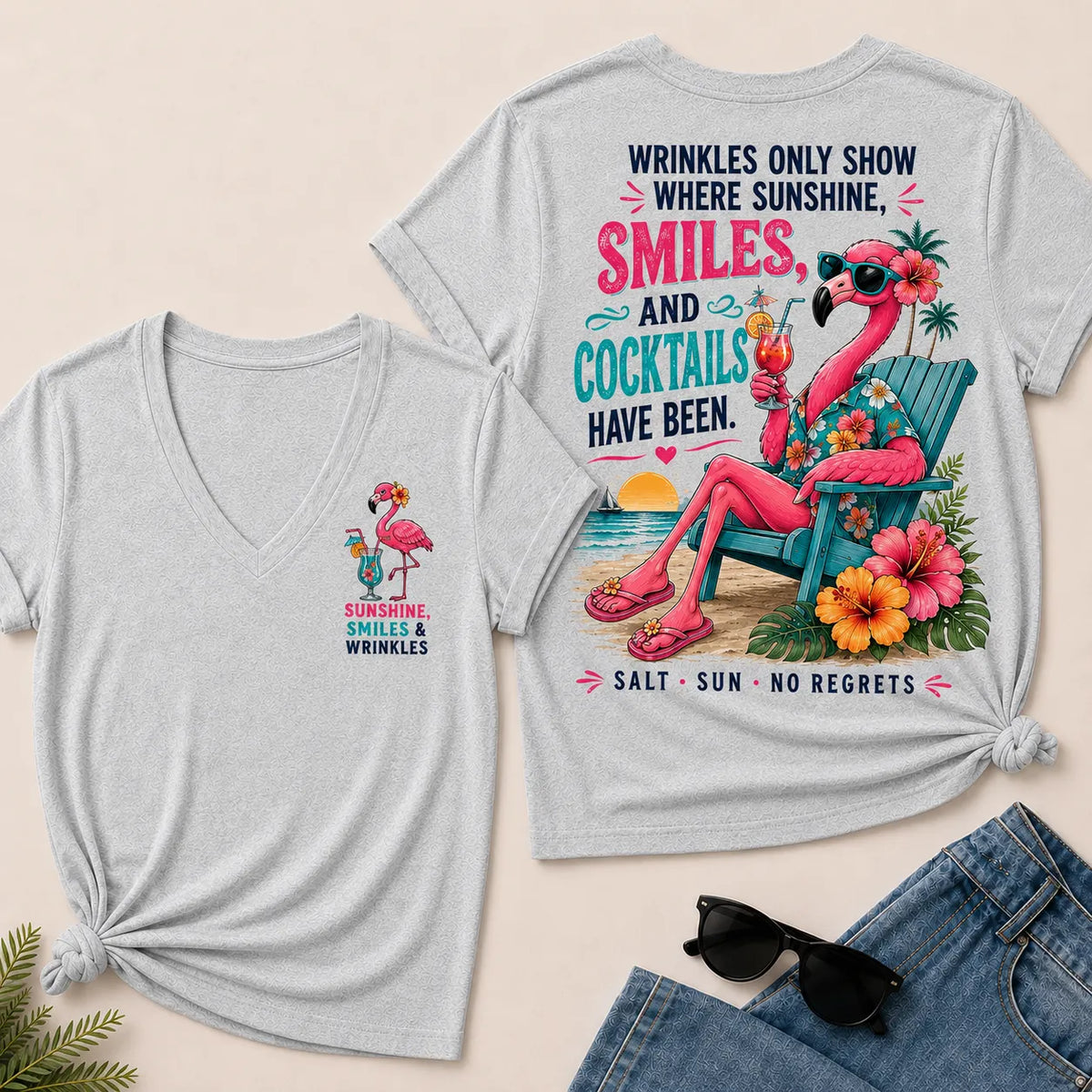 Wrinkles Only Show Where Sunshine, Smiles & Cocktails Have Been™ Funny Retirement V-Neck Tee For Women