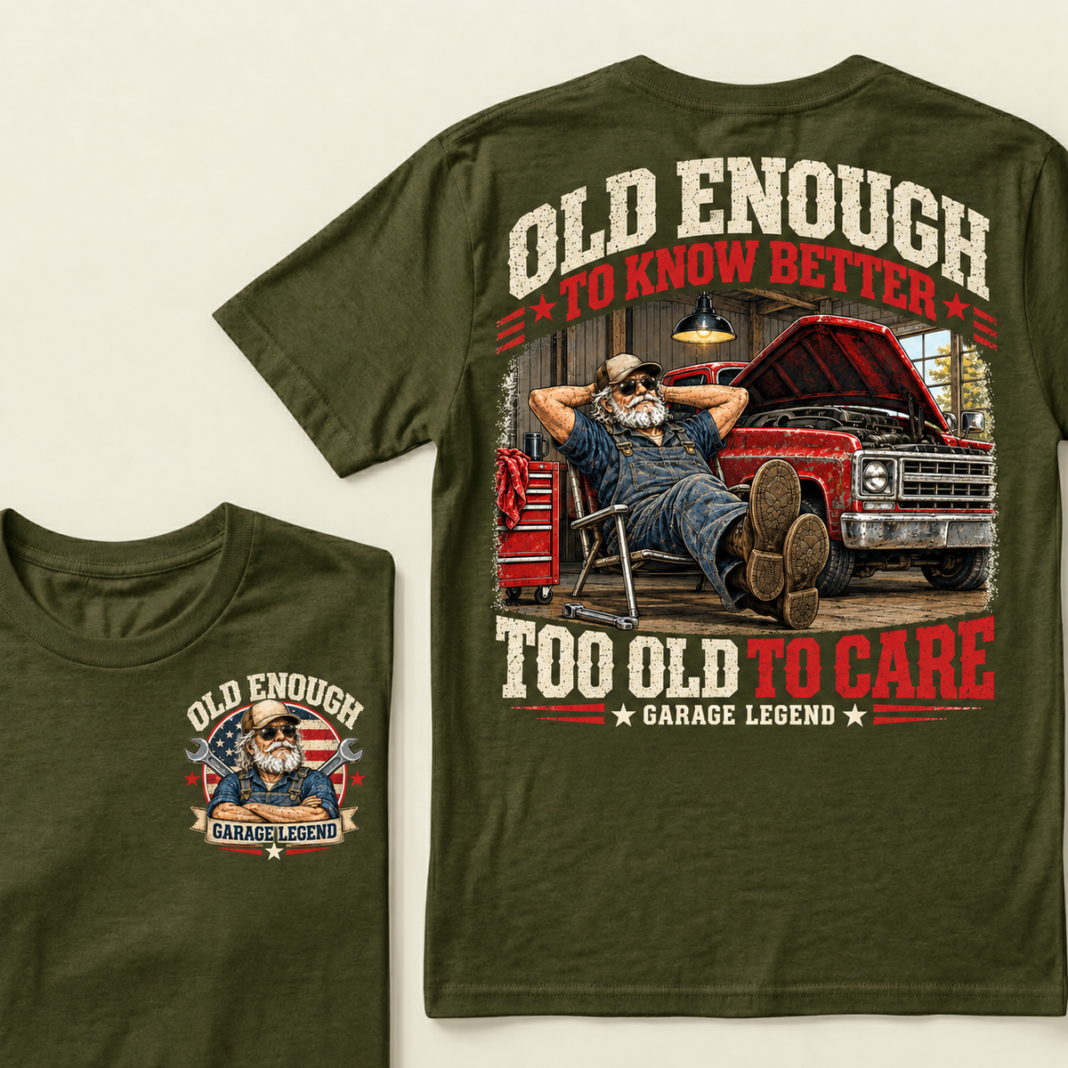 Men's Crew Neck T-Shirt Old Enough To Know Better Too Old To Care Garage Legend Mechanic Graphic Tee Front & Back Print Casual Short Sleeve Top