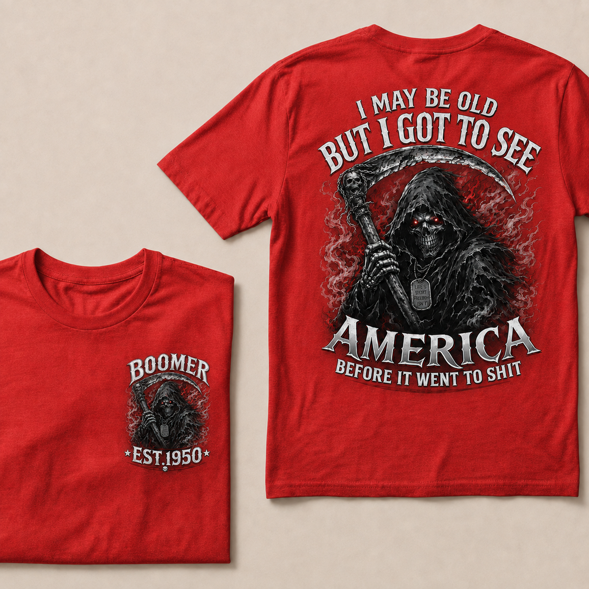 Men’s Boomer Grim Reaper Crew Neck T‑Shirt, I May Be Old I Got To See America Graphic Short Sleeve Tee, Front & Back Print Casual Top