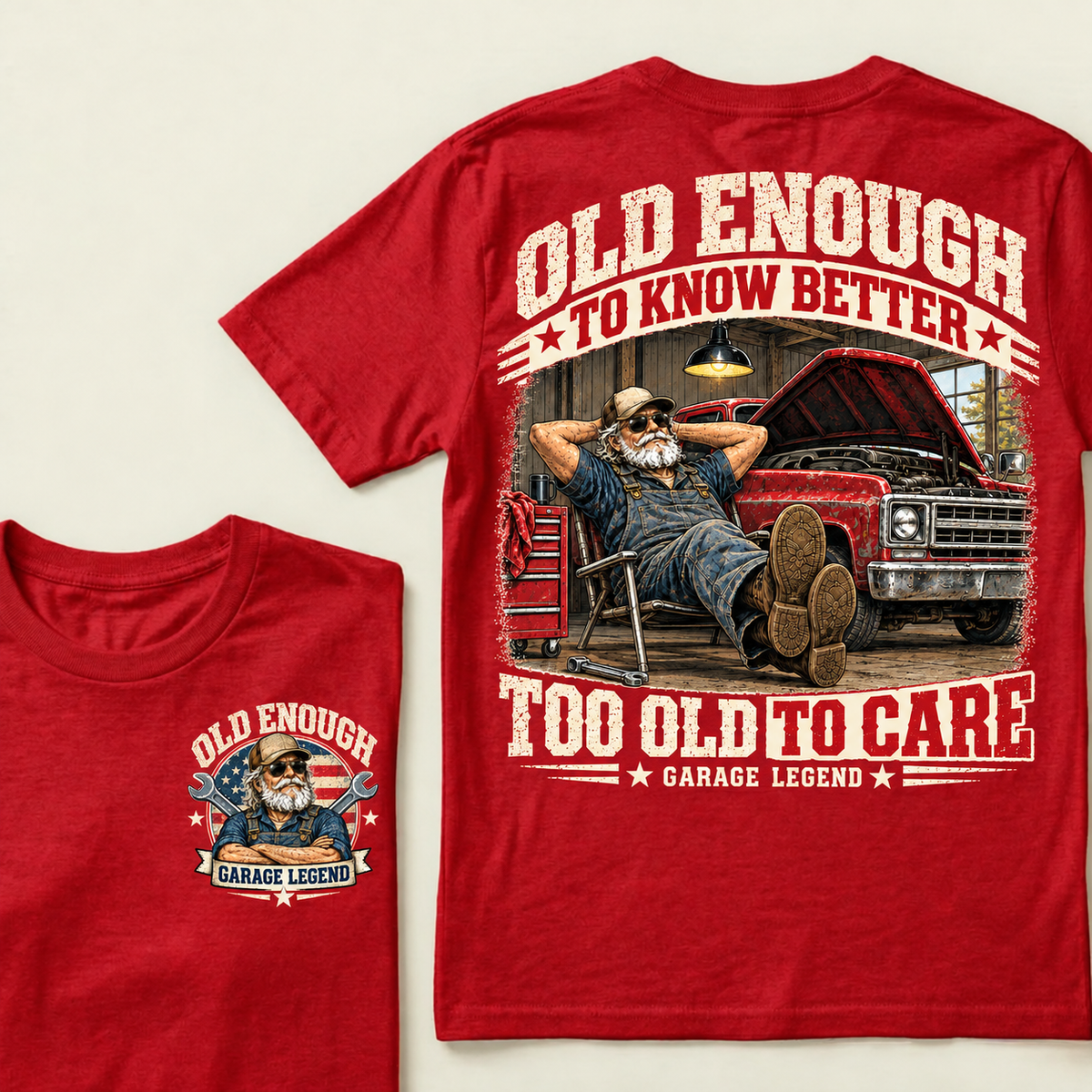 Men's Crew Neck T-Shirt Old Enough To Know Better Too Old To Care Garage Legend Mechanic Graphic Tee Front & Back Print Casual Short Sleeve Top