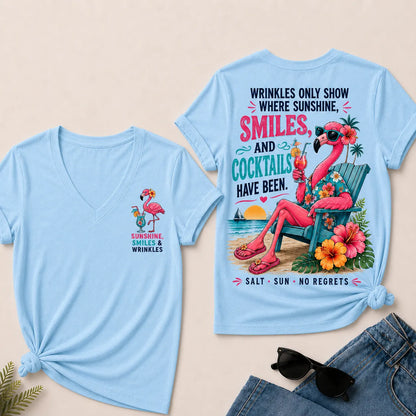 Wrinkles Only Show Where Sunshine, Smiles & Cocktails Have Been™ Funny Retirement V-Neck Tee For Women