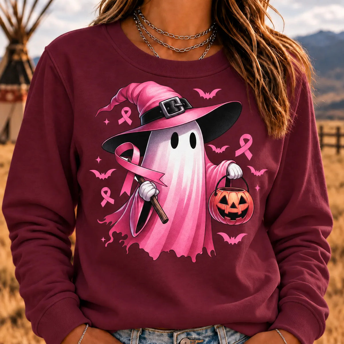 Women's In October We Wear Pink Halloween Ghost Breast Cancer Awareness Sweatshirt