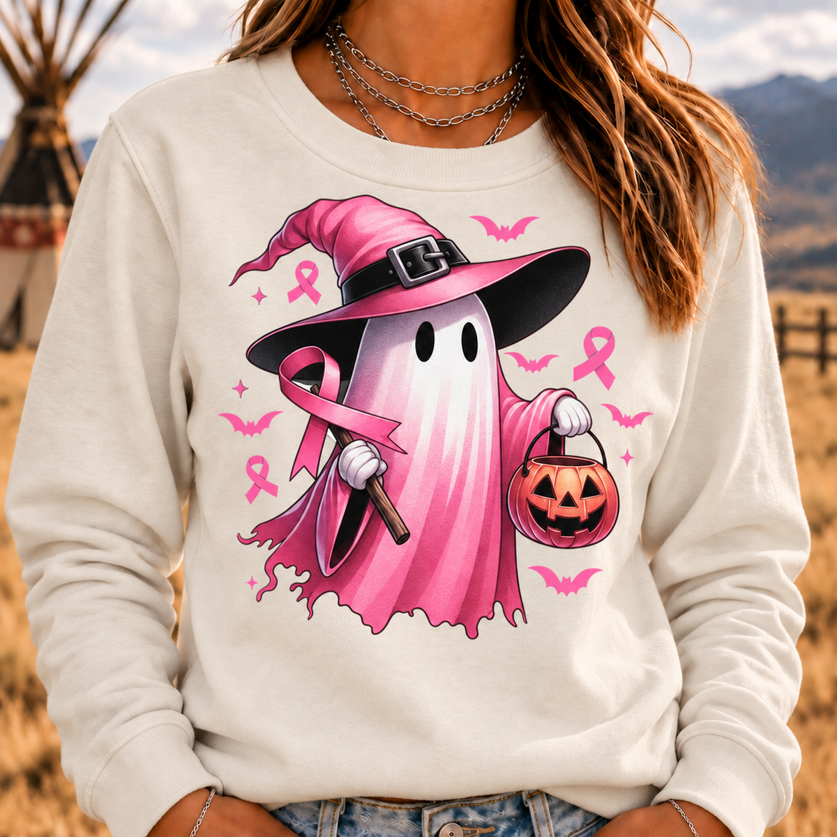 Women's In October We Wear Pink Halloween Ghost Breast Cancer Awareness Sweatshirt