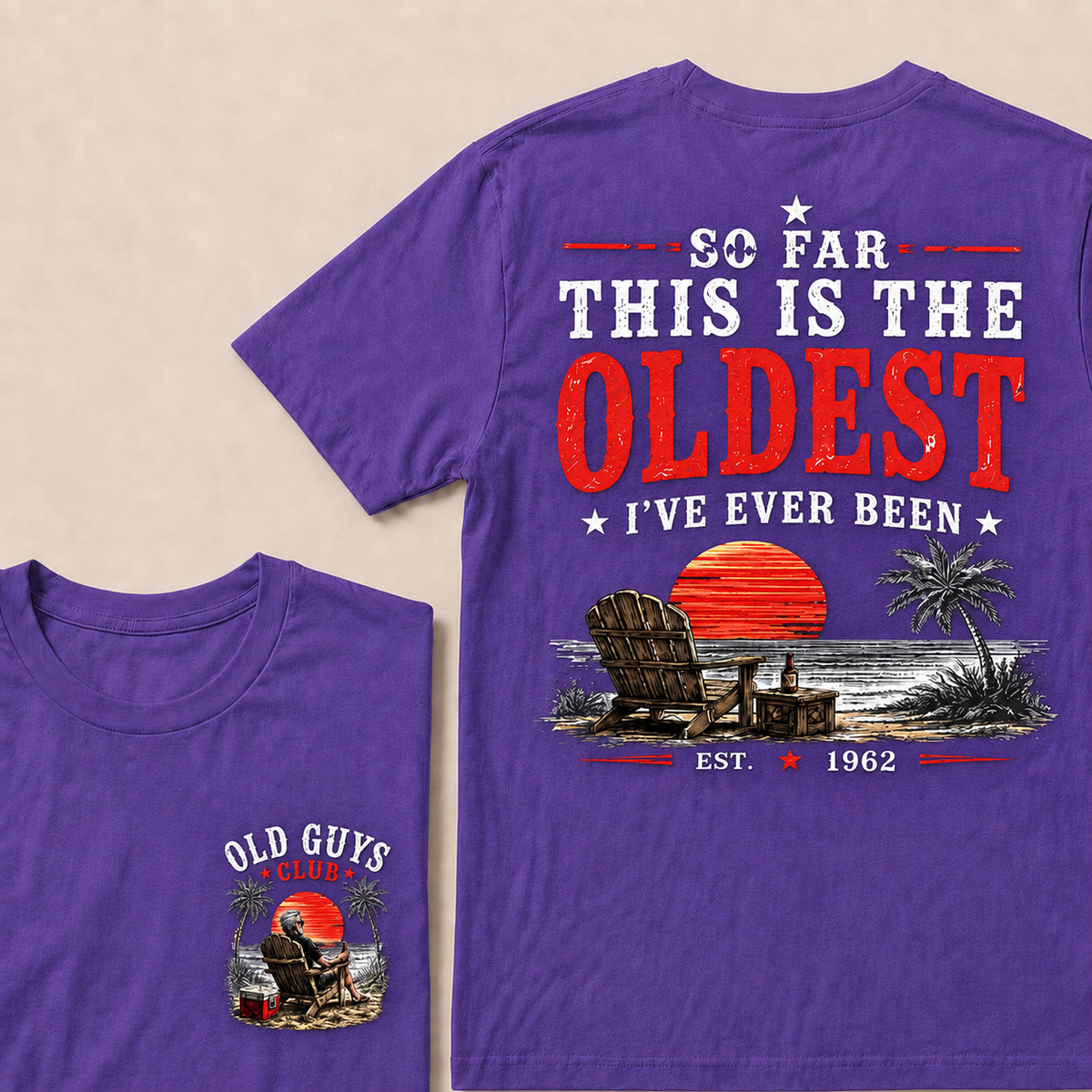 "Old Guys Club" Vintage Beach Birthday Commemorative Graphic T-Shirt