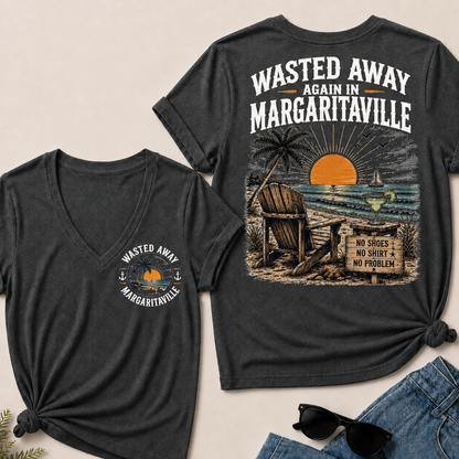 "Wasted Away Again In Margaritaville" Vintage Beach V-Neck T-Shirt | No Shoes, No Shirt, No Problem Tee