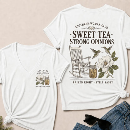 Southern Woman Club Sweet Tea Strong Opinions V-Neck T-shirts