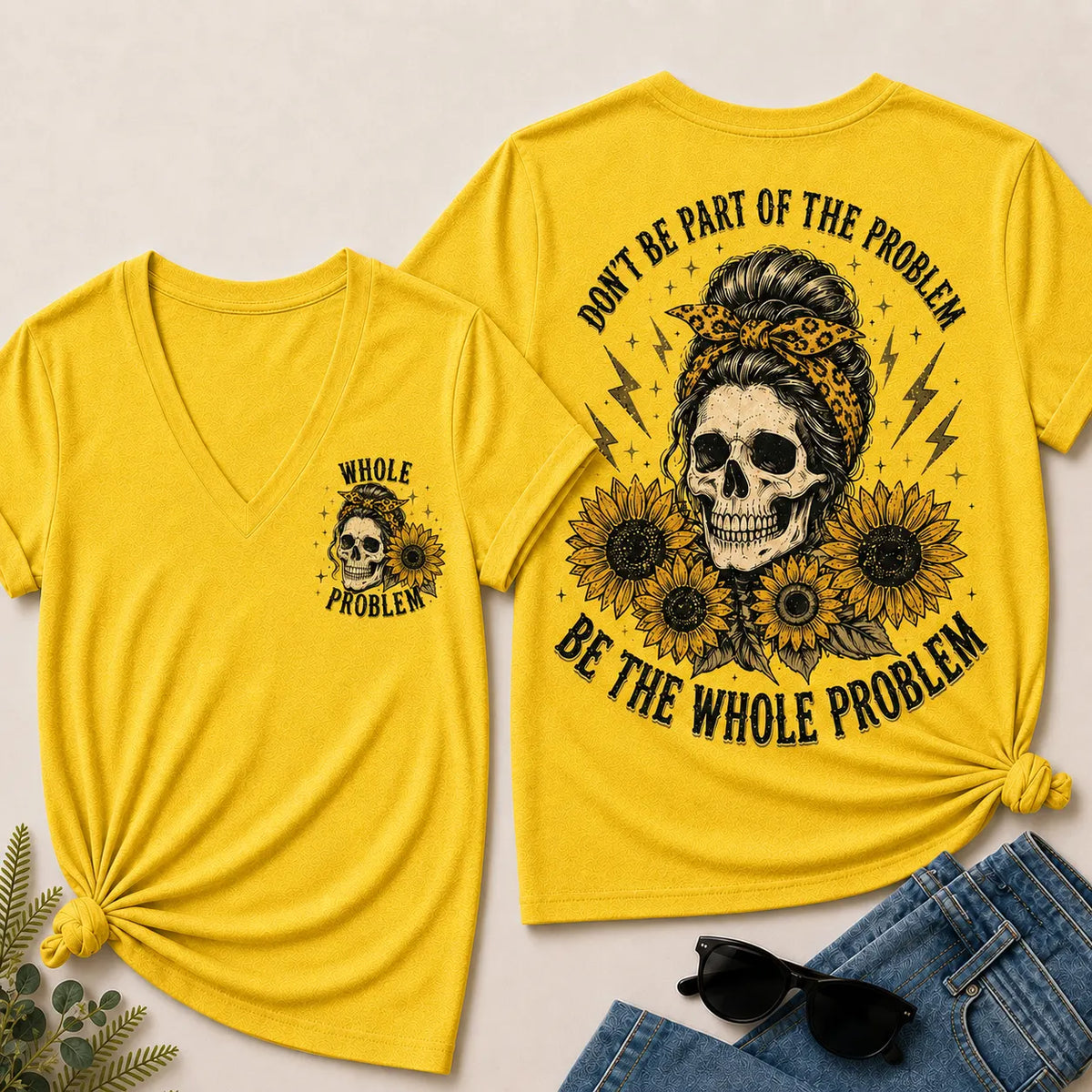 Women’s V‑Neck T‑Shirt, Leopard Bandana Skull Sunflower “Be The Whole Problem” Graphic Tee, Front & Back Print Sarcastic Casual Short Sleeve Top
