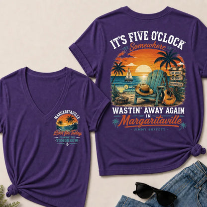 It's Five O'clock Somewhere Wastin' Away Again In Margaritaville Jimmy Buffett V-Neck T-Shirt