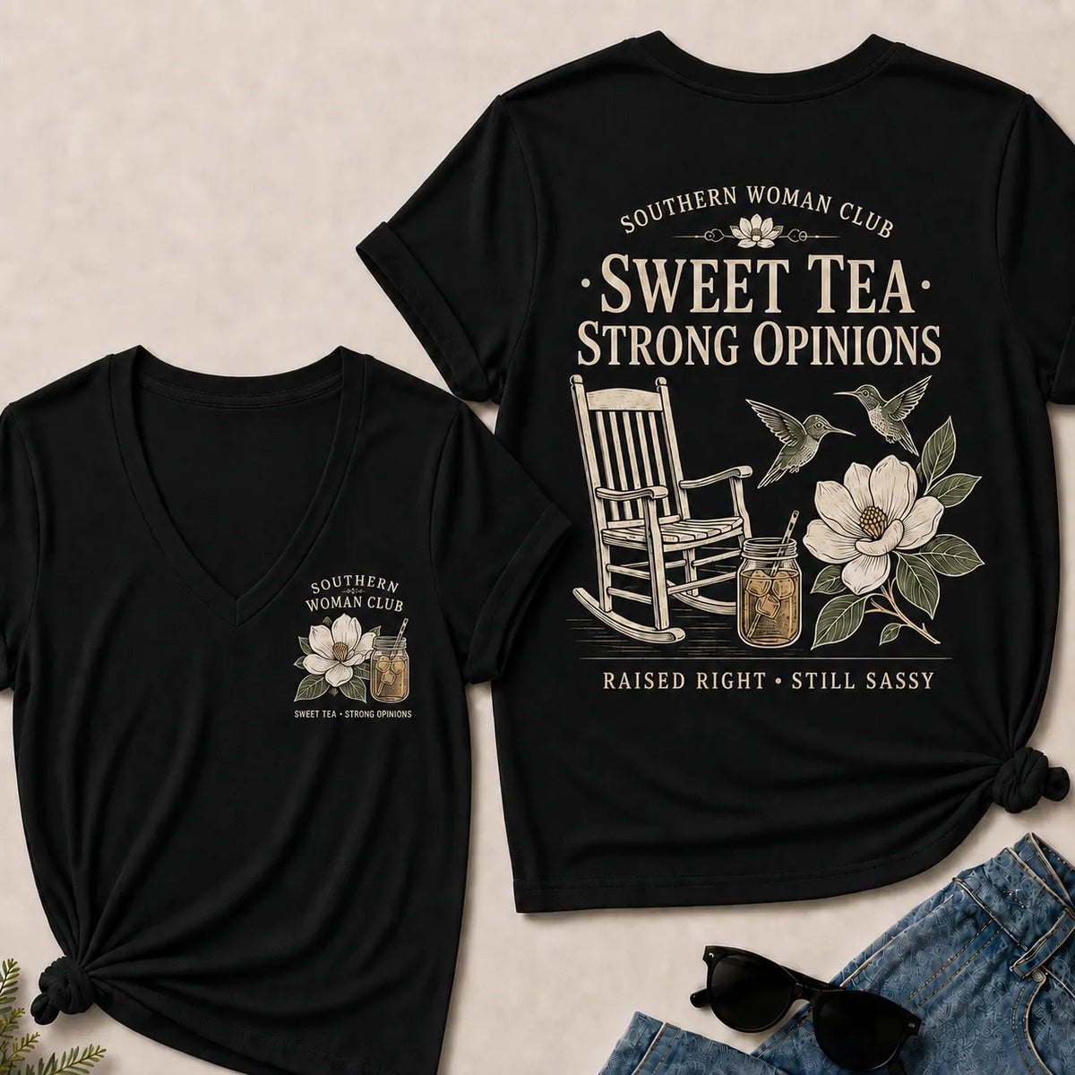 Southern Woman Club Sweet Tea Strong Opinions V-Neck T-shirts
